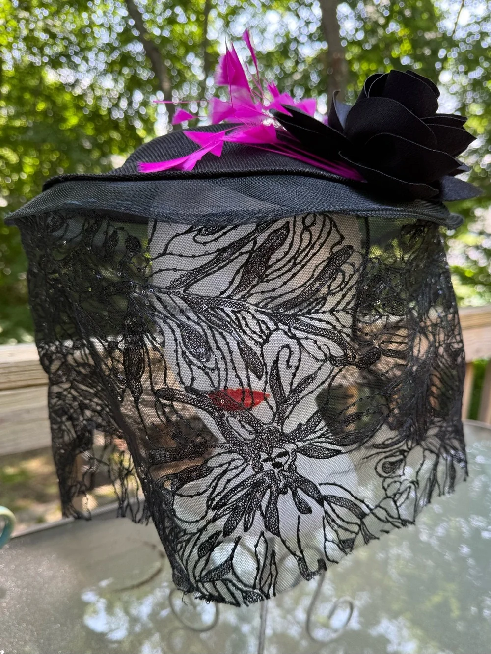 Black Veiled Fascinator Hat with Pink Feather Accent GOTH, VICTORIAN, THEATER